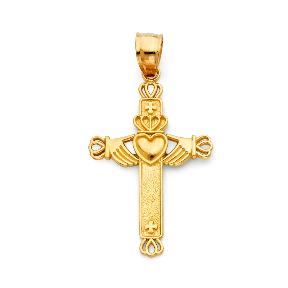 14K Yellow Gold Medium Claddagh Religious Cross Pendant (20X30 Mm )